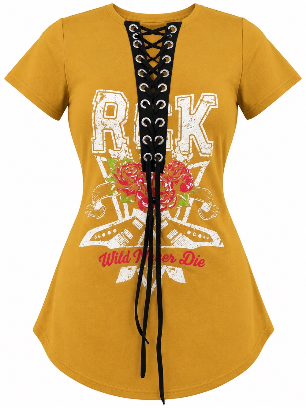 Topia Mustard Lace-Up Graphic Tee with Red Floral Accent